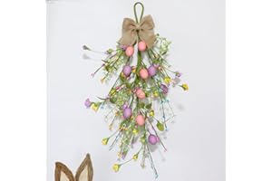 Easter Teardrop Wreath for Front Door 19Inch Spring Pastel Floral Egg Hanging Swag with Bow for Door Wall Window Farmhouse H