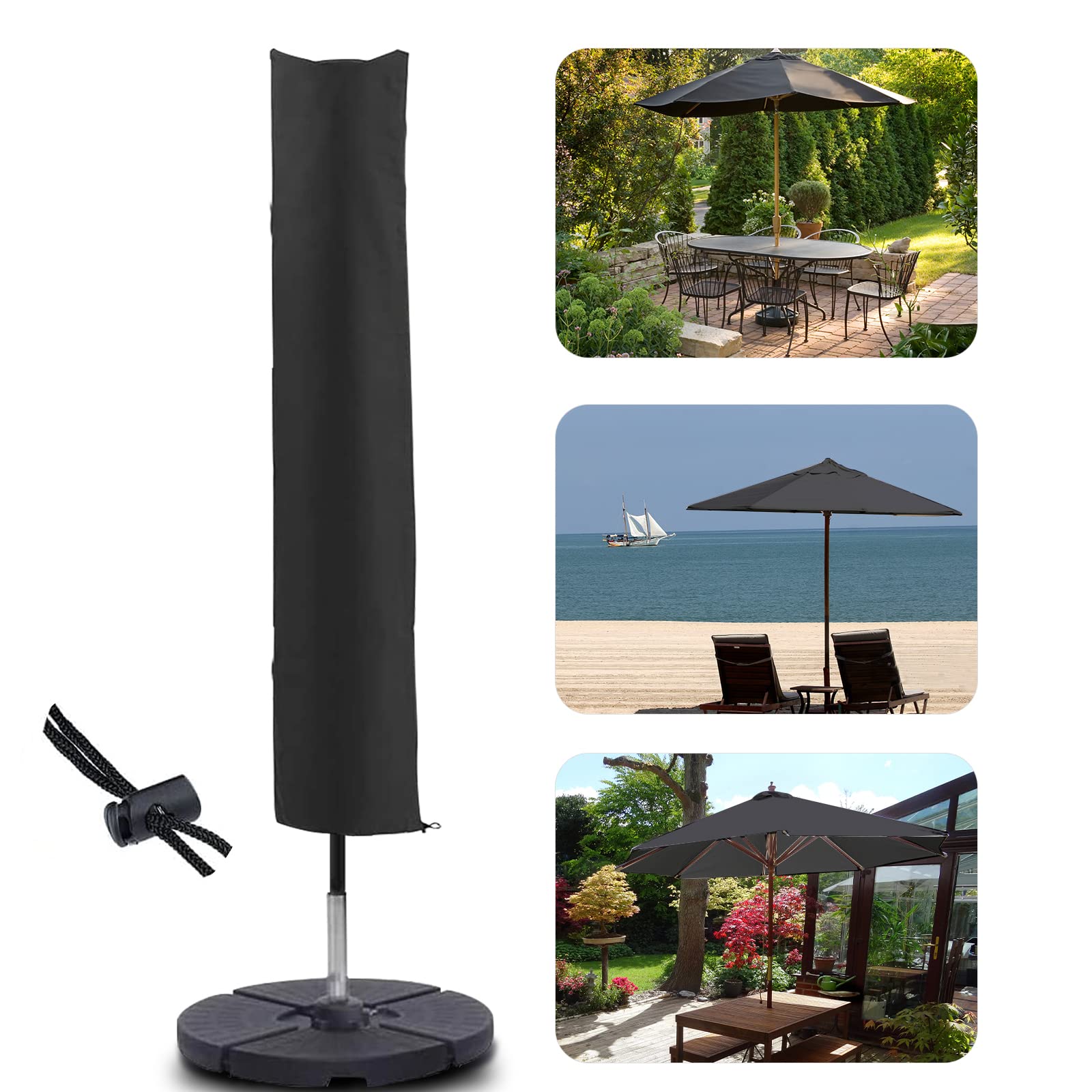 RICHIE Garden Parasol Cover Patio Umbrella Covers for Parasol Fits 2 to 3m Diameter Parasols 153x30x30cm Waterproof Tear Resistant 600D Oxford PVC Coating with Drawstring Cord at Bottom, Black, NO ZIP