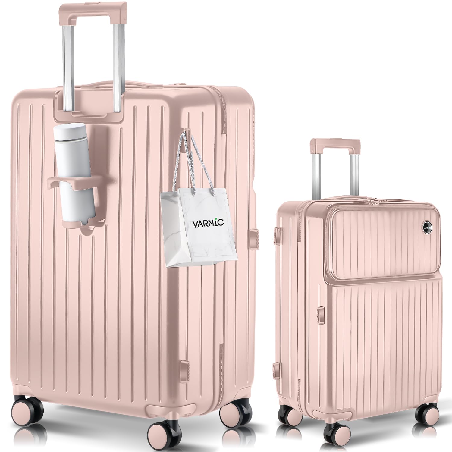 [VARNIC] スーツケース トップオープン式 多機能 キャリーバッグ USBポート付き カップホルダー付き キャリーケース 三段階調節キャリバー ABS+PC 超軽量 耐衝撃 振動軽減 静音 360度回転 ダブルキャスター 物掛けフック式底足 オシャレ 通学 ビジネス 旅行 出張 (ピンク, Mサイズ (4～7泊))商品画像