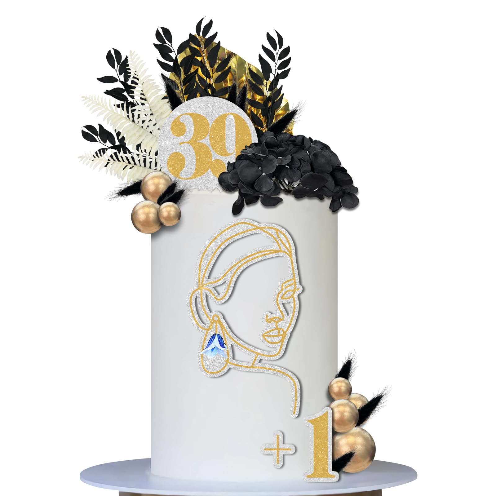 View 1 of  Happy 39th Birthday Cake Topper Black Gold Balls & Eucalyptus Palm Leaves Cake Decorations Set with Artificial Flowers Decor for Woman 39th Birthday Anniversary Party Boho Wedding Supplies