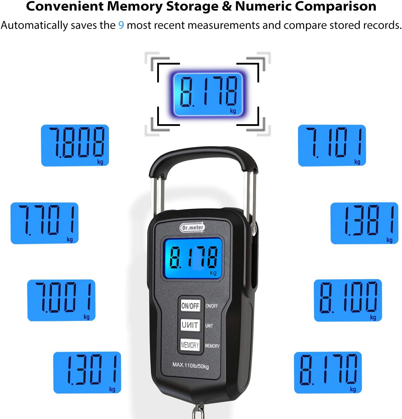 [Upgraded]FS01 Fishing Scale, Dr.meter 110lb/50kg Digital Hanging Scale with Storage Function and Numerical Comparison, Backlit LCD Display, Measuring Tape and 2 AAA Batteries Included : Sports & Outdoors