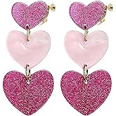 Double Heart Pink Clip on Earrings Non Pierced for Women Dangle Drop Cute Love Red Jewelry