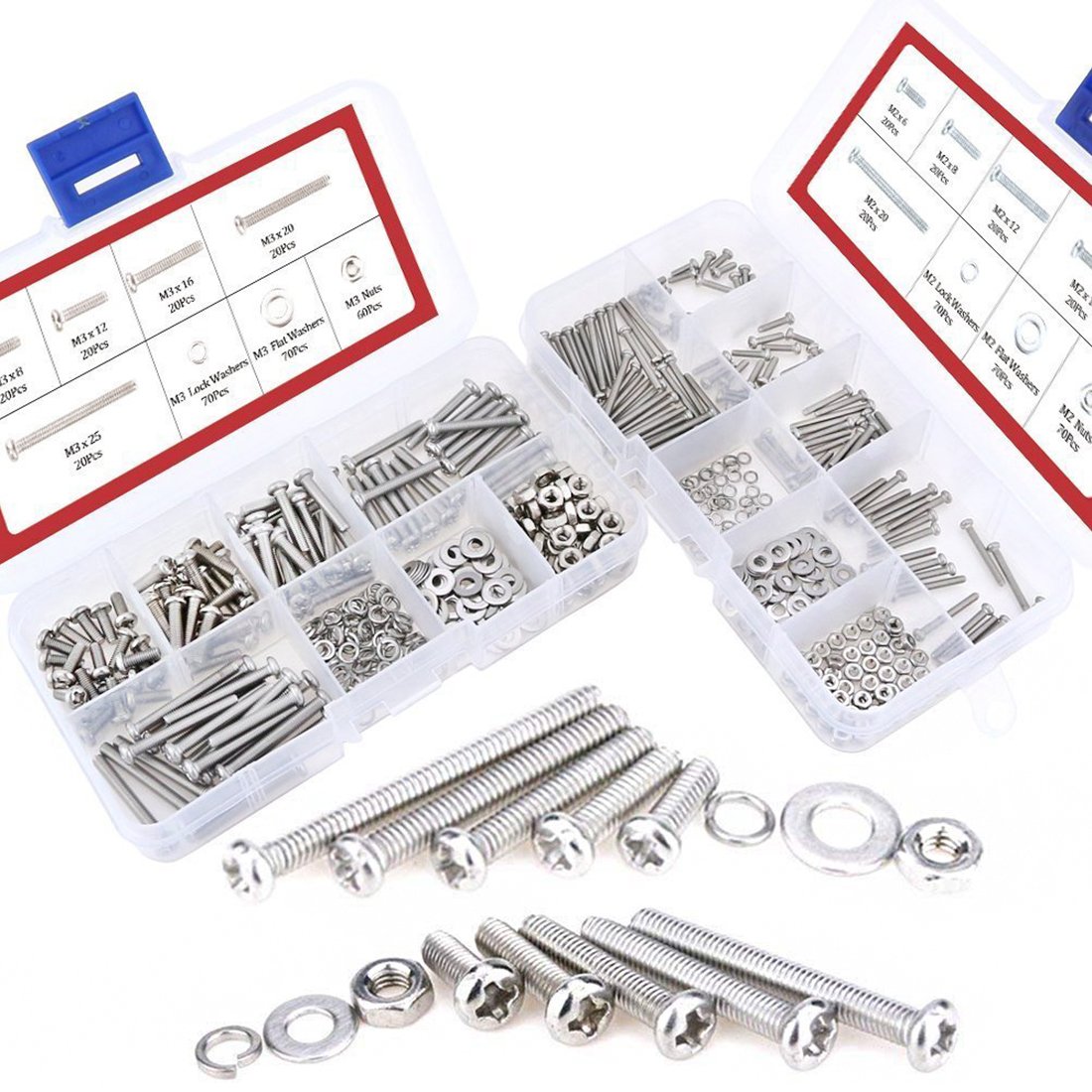 Hilitchi 600-Piece M2 M3 Phillips Pan Head Screws Bolt Nut Lock Flat Washers Assortment Kit, 304 Stainless Steel