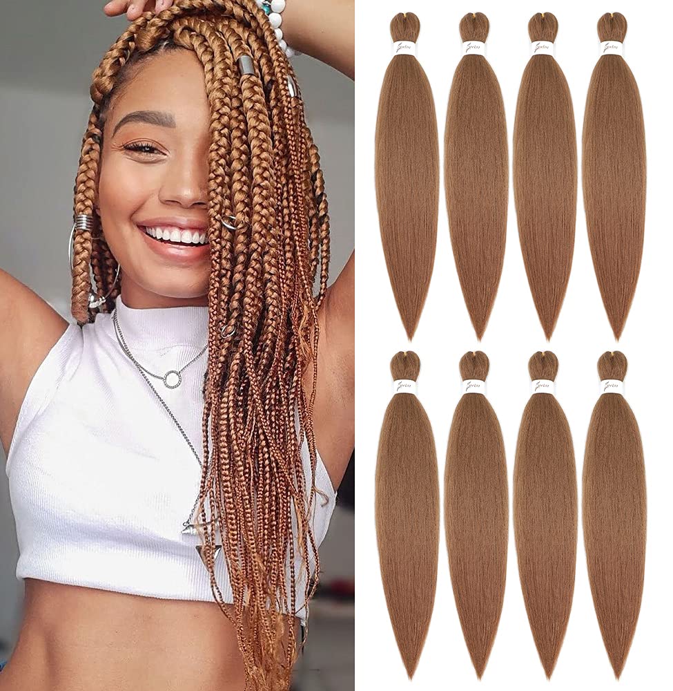 X-Tress Pre-stretched Braiding Hair one Pack of 8 EZ Braids 24" Light Brown African Crochet Braid Multi Coloured Hair Extension Synthetic Yaki Bundles Lovely Easy to Use(#30)