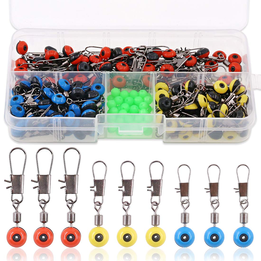 Hilitchi 200 Pcs Fishing Line Sinker Slides Hook Shank Clip Connector (Stainless Steel, Plastic) - Large/Medium/Small, Red, Yellow, Blue, Green - Organized Packaging