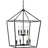 JONATHAN Y 20" Oil Rubbed Bronze Lantern Pendant Light, 8-Light Pagoda Style Metal Cage Farmhouse Hanging Ceiling Fixture for