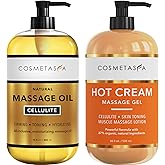 Cellulite Massage Oil & Hot Cream - 100% Natural Cellulite Oil & Gel, Highly Absorbable, Firm, Tone, Tighten & Moisturize Skin - Soothes Muscles (16.9 Fl Oz Each Bottle)