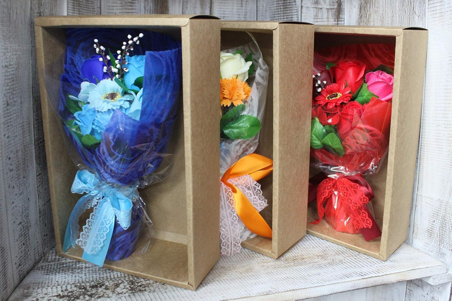 Boxed Soap Flower Bouquet - Orange - Approx 25x13x6cm - Image 5