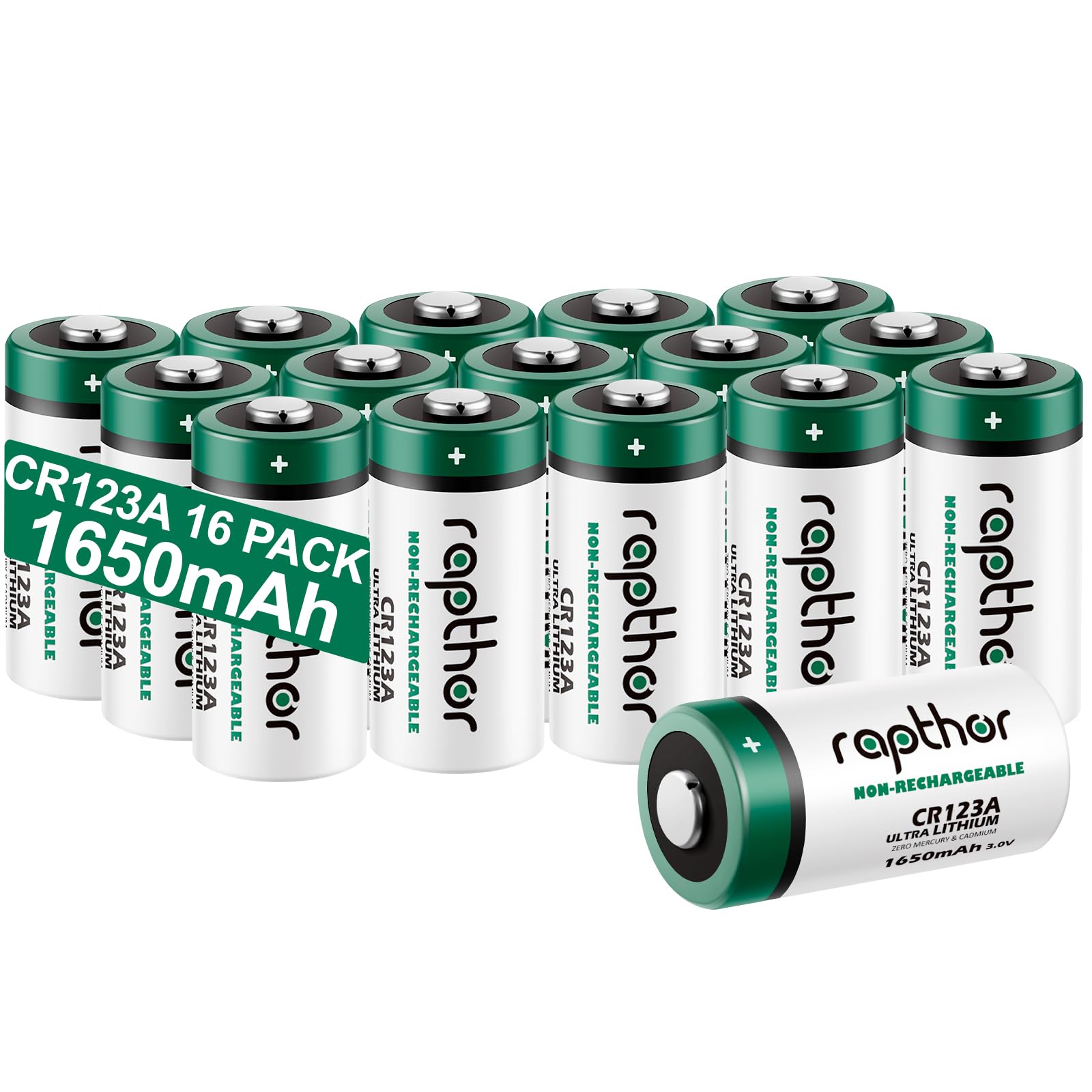 Rapthor CR123A 3V Lithium Battery 1650mAh High Power CR123 123a CR17345 Non-rechargeable Batteries with Built-in PTC for Flashlight Toys Alarm System Microphones (16 Pack)