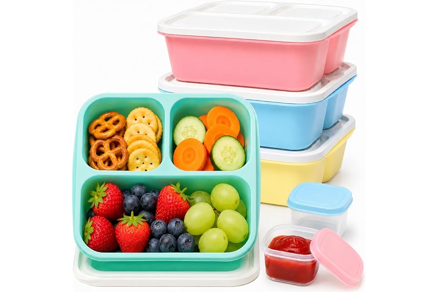 YUANCE Bento Box Snack Containers, 3 Compartment Lunch Containers for Adults, Reusable Stackable Meal Prep & Food Storage Containers with Leakproof Sauce Cups, 4 Pack