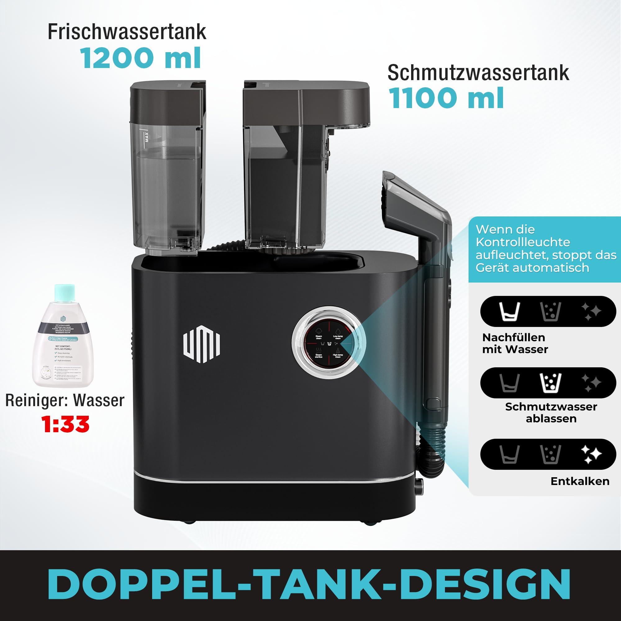 UMI Waschsauger, Dampfreiniger mit 14 kPa Saugkraft, Teppichreiniger mit 4 Reinigungsmodi, Polsterreiniger mit Hochtemperaturfunktion, Doppeltanksystem, Teppichreiniger mit Reinigungsmittel 3