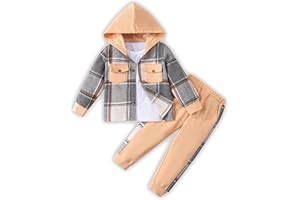 Sislerew Toddler Boy Clothes Plaid Hooded Shirt White T-shirt Top and Solid Color Pants 3Pcs Winter Boys Clothes