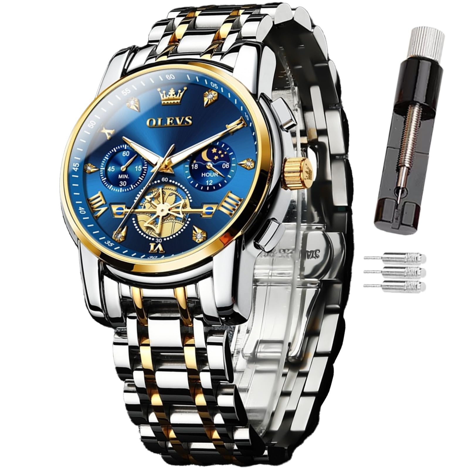 OLEVS Herren-Armbanduhr mit Zeitcode, Edelstahlarmband, Leuchtend, wasserdicht, multifunktional, Unterzifferblatt, Business-Kleid, Quarz, rund, Luxusuhren für Herren, 2856, zweifarbiges Armband mit