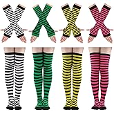 Ibeauti 8 Pcs Womens Striped Knee High Socks Stockings Y2K Goth Knitted Long Arm Warmer Fingerless Gloves Set