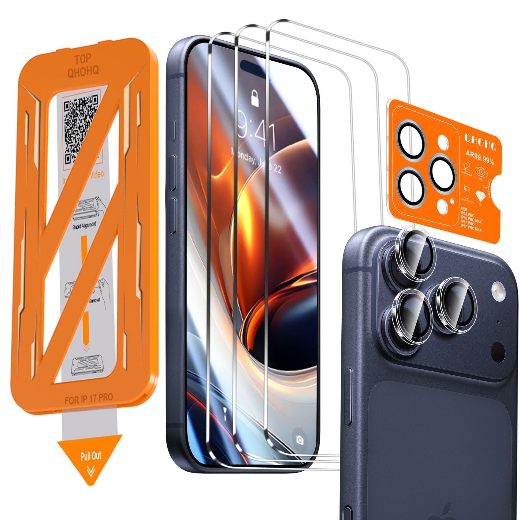 Photo 1 of QHOHQ [1-Second Auto-Install] 3 Pack Screen Protector for iPhone 17 Pro [6.3 Inch] + 1 Set Camera Lens Protector, Shatterproof Tempered Glass, [Military Grade Protection], Anti-Finger, Case Friendly