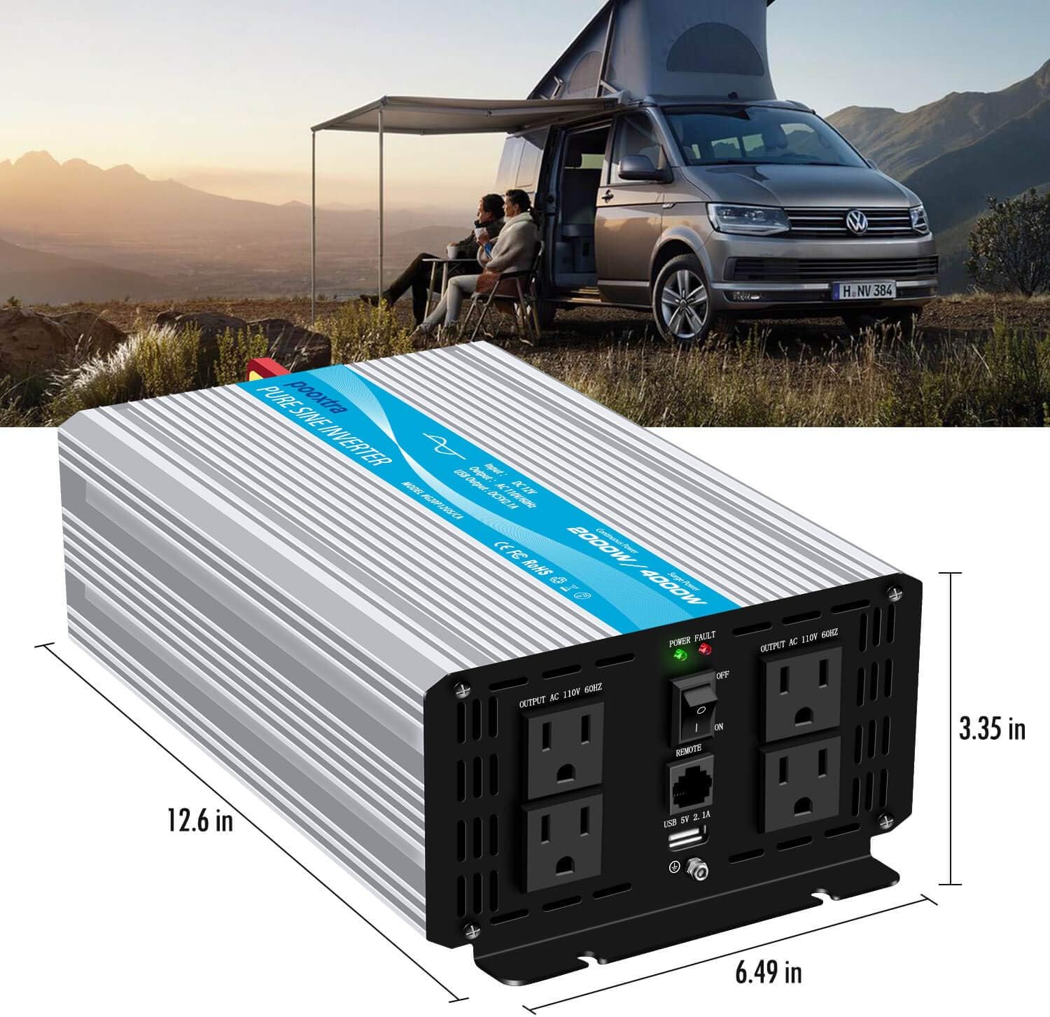 pooxtra 2000W Pure Sine Wave Power Inverter 12V to 110V 4000W Peak Power Converter with 4 AC Outlets and 2.1A USB Port & Remote Controller for RV Trucks Boats and Emergency: Car Electronics