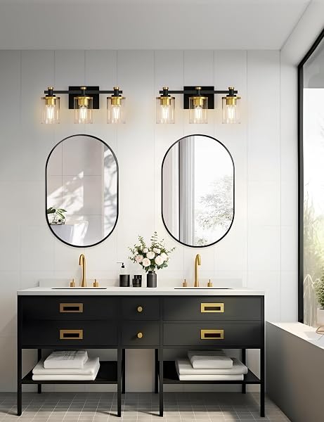 L LOHAS LED 3 LIGHT BATHROOM VANITY LIGHT, BLACK AND GOLD BATHROOM LIGHT FIXTURE OVER MIRROR, MODERN LIGHTING FIXTURES WITH CLEAR GLASS SHADE, VINTAGE VANITY LIGHTS FOR BATHROOM MIRROR HALLWAY, ETL