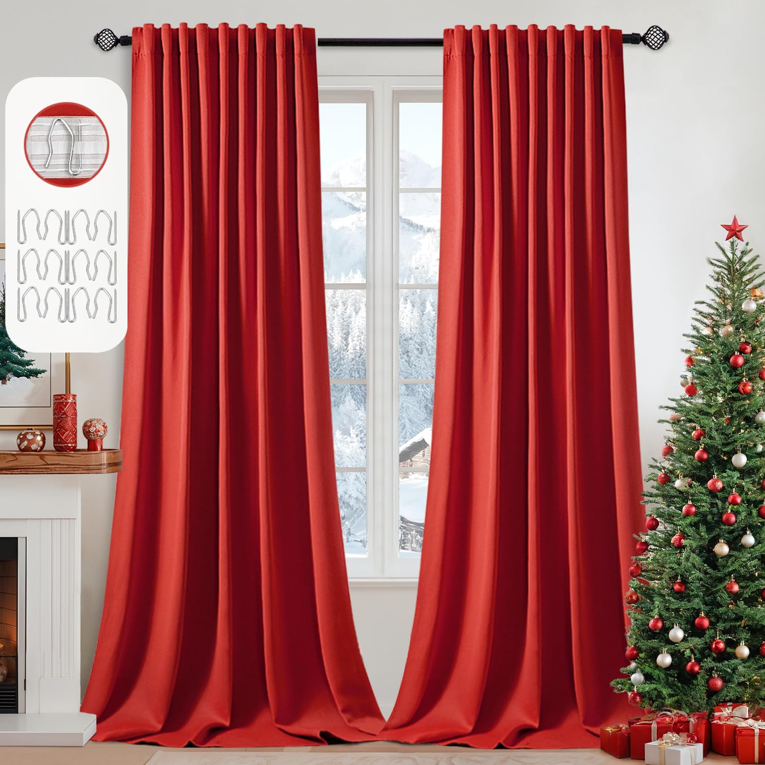 Photo 1 of MIULEE Christmas Red Back Tab Blackout Curtain 96 Inch Long 2 Panels Set for Living Room Bedroom, Rod Pocket/Pinch Pleat Thermal Insulated Room Darkening Pleated Light Blocking Floor to Ceiling Drape
