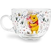 Winnie The Pooh Disney and Piglet Floral Glass Mug | Large Coffee Cup For Espresso, Tea, Mocha | Holds 16 Ounces