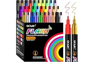 SFAIH Fine Tip Liquid Chalk Markers for Bhalkboard [1-Second Wet Wipe], 0.7-1mm 30 Colors [Neon+Pastel+Metallic], Chalk Pens for Chalkboard, Calendar, Windows, Glass, Includes Highlighter Color Marker