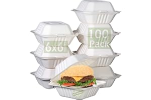 Green Earth 6-Inch, 100-Count, Compostable Clamshell, Natural Bagasse (Sugarcane Fiber), Take-Out/to-Go Food Boxes - Biodegradable Containers, Hinged Lid Microwave-Safe Gluten-Free Eco-Friendly