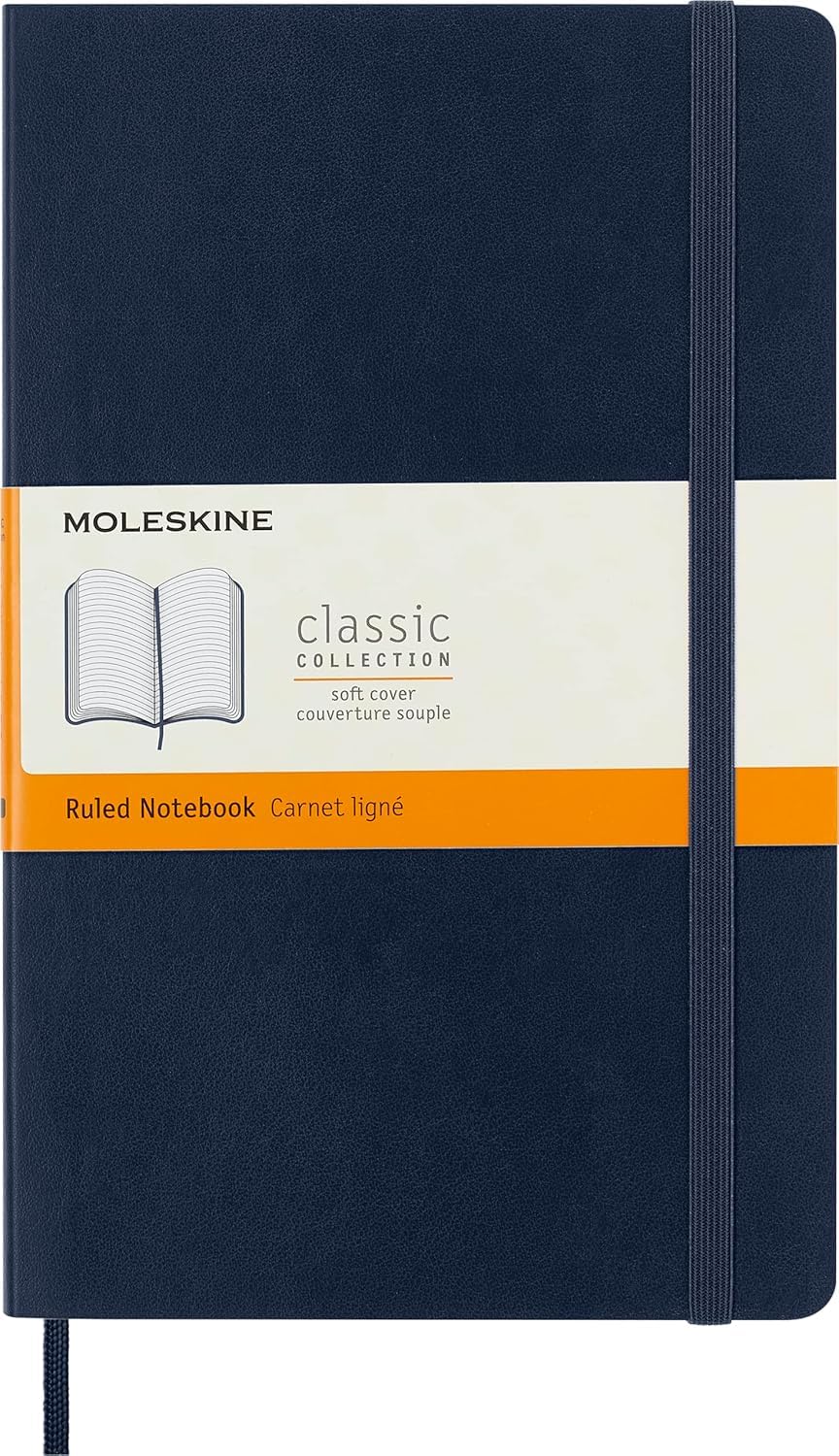 Moleskine - Classic Ruled Paper Notebook - Soft Cover and Elastic Closure Journal - Color Sapphire Blue - Size Large 13 x 21 A5 - 192 Pages