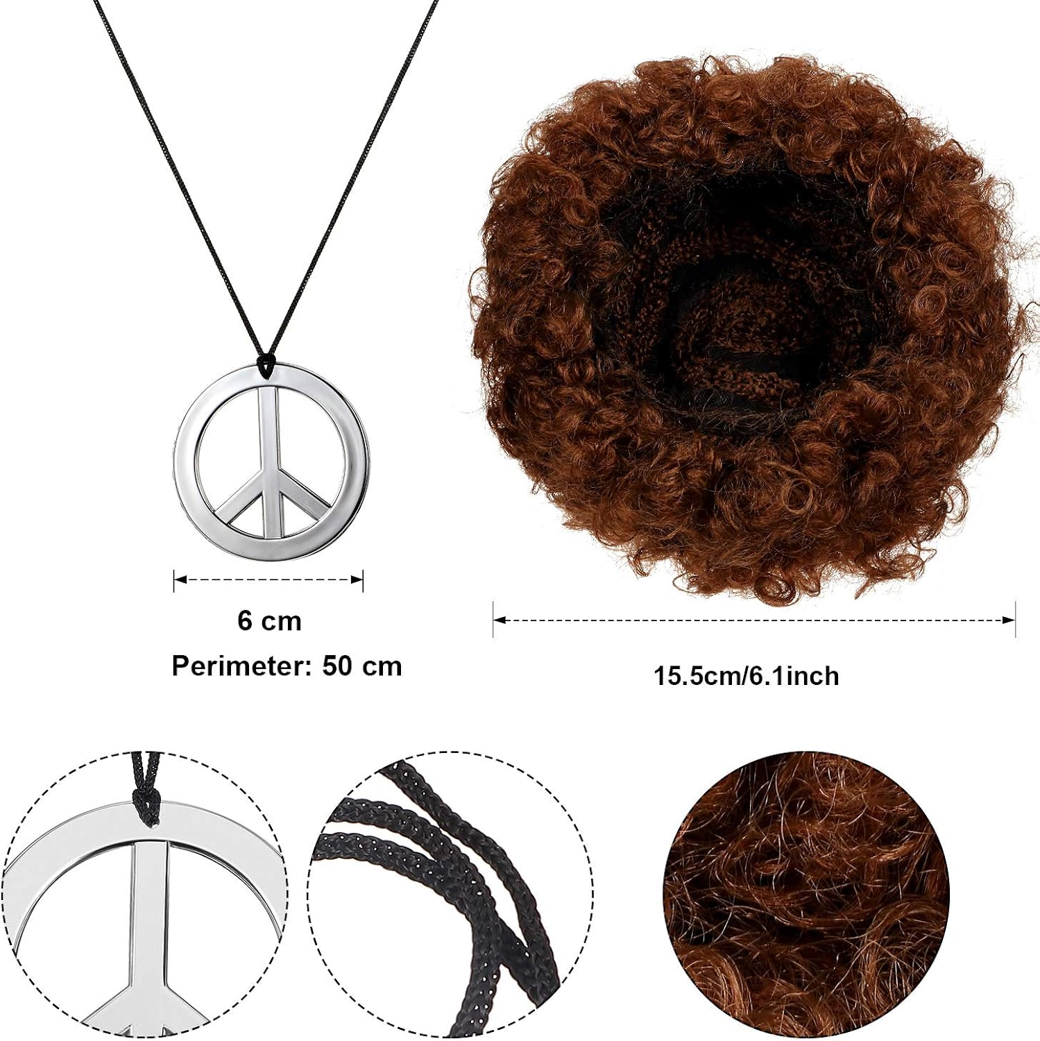 Hippie Costume Set Men's Hippie Shirt Brown Wig Sunglasses Peace Sign Necklace: Clothing