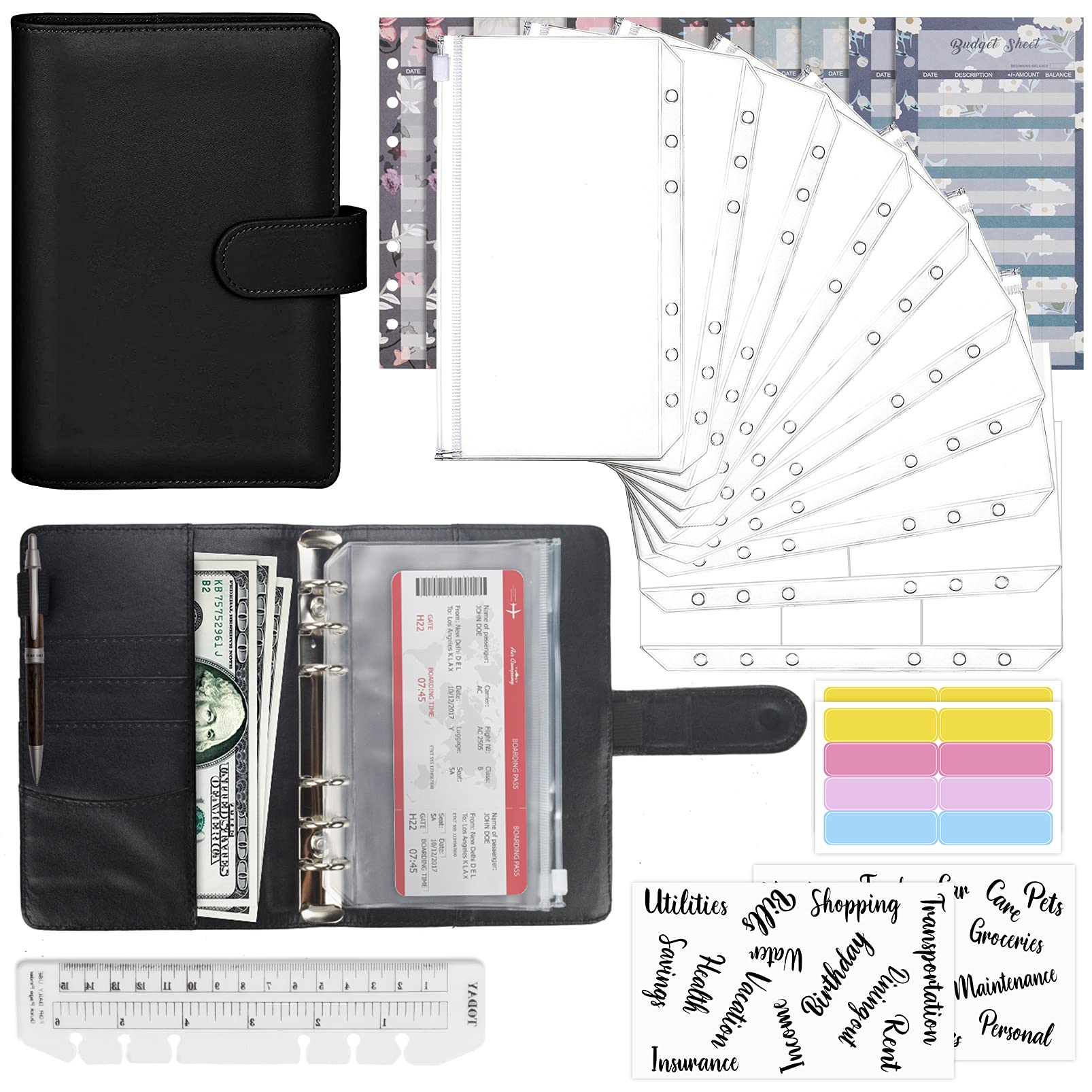 Mlife Ring Binder Set - 28pcs Leather Notebook Budget Binder with Clear Cash Envelopes,Budget Sheets and Label Stickers,Cash Organizer Money Saving Binder for Travel and Diary Black — image 1