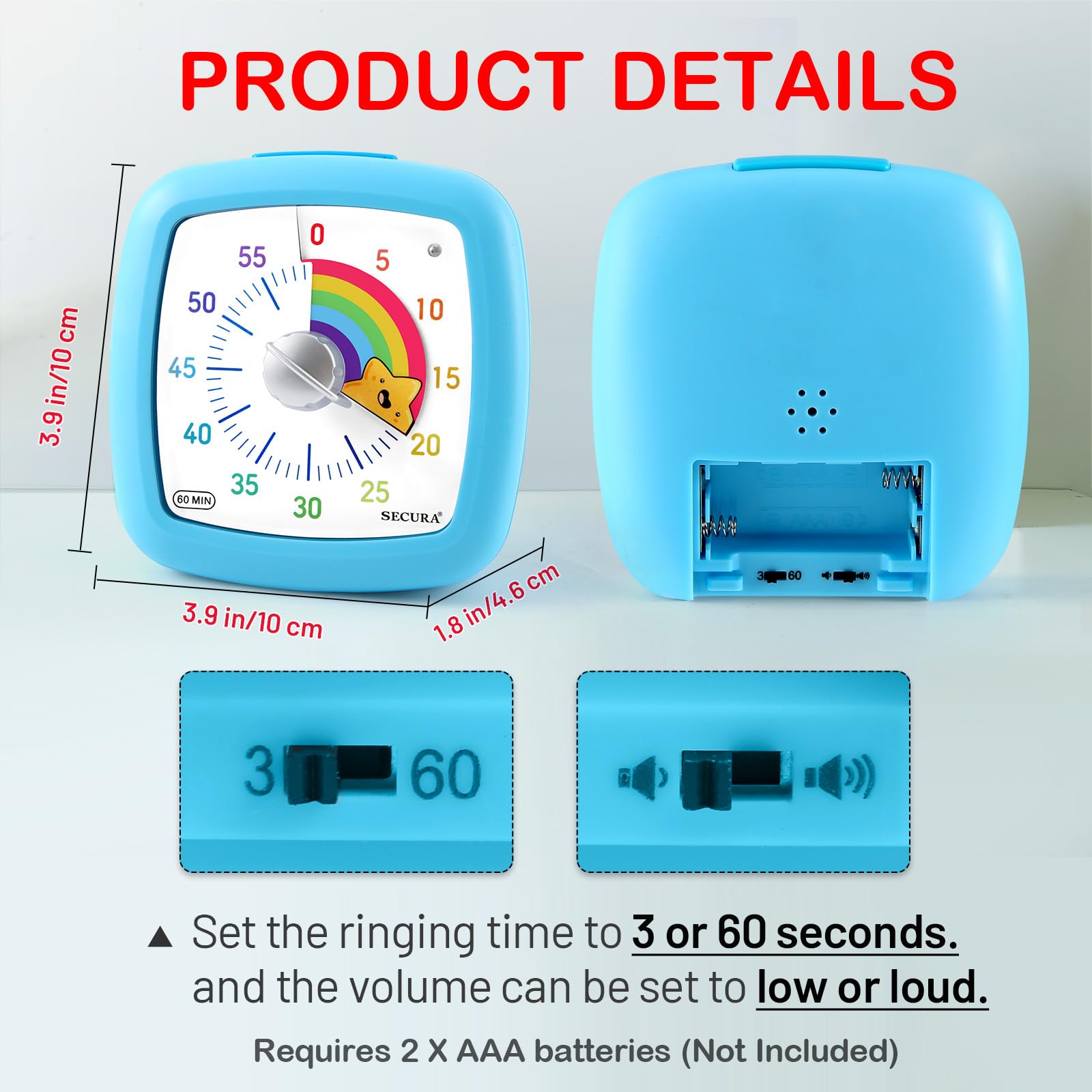 Secura 60-Minute Visual Timer, Silent Study Timer for Kids and Adults, Time Clocks, Time Management Countdown Timer for Teaching (Blue & Star)