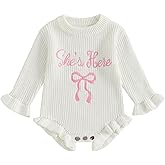 Baby Girls Knitted Romper Embroidery Bow Letters SHE is HERE Ruffled Sweater Winter Newborn Infant Clothes