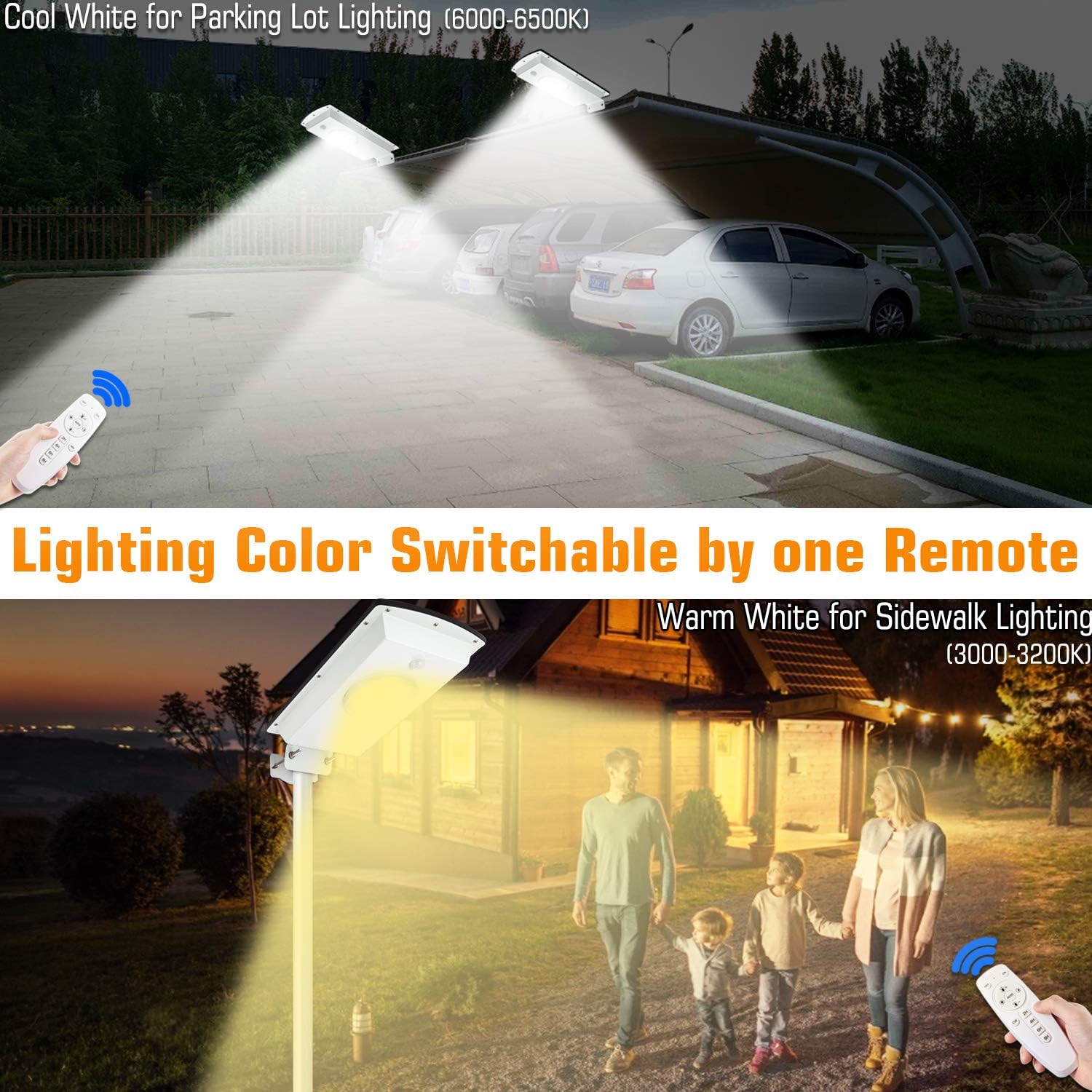 Solar Street Lights Outdoor Dusk to Dawn with Remote Control/Motion Sensor Uponun All in One Dual Color Switchable Waterproof IP65 Solar Flood Lights Outdoor for Parking Lot Pathway Garden Driveway - - 