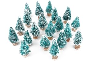 WONUU Artificial Mini Sisal Christmas Trees Snow Frost with Wooden Bases for Home Party Decoration Ornament DIY Craft (Blue-Green, 20 pcs)