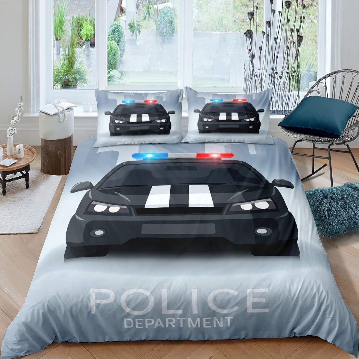 Loussiesd Boys Duvet Cover Cartoon Police Car Bedding Set Vehicles Print Comforter Cover for Kids Children Teens Bedroom Decor Policeman Bedspread Modern Double Size With 2 Pillow Case