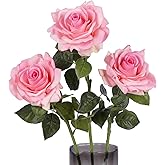 ICBOX 3PCS Real Touch Fake Roses Pink Flower 4.72" Large Faux Rose Realistic Artificial Flowers 25.6" Long Stem Pink Silk Rose for Wedding Table Centerpieces Home Party Decoration (Pink)