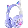 QearFun Cat Headphones for Girls Kids for School, Kids Bluetooth Headphones with Microphone & 3.5mm Jack, Teens Toddlers Wireless Headphones with Adjustable Headband for ipad/Tablet/PC-Purple
