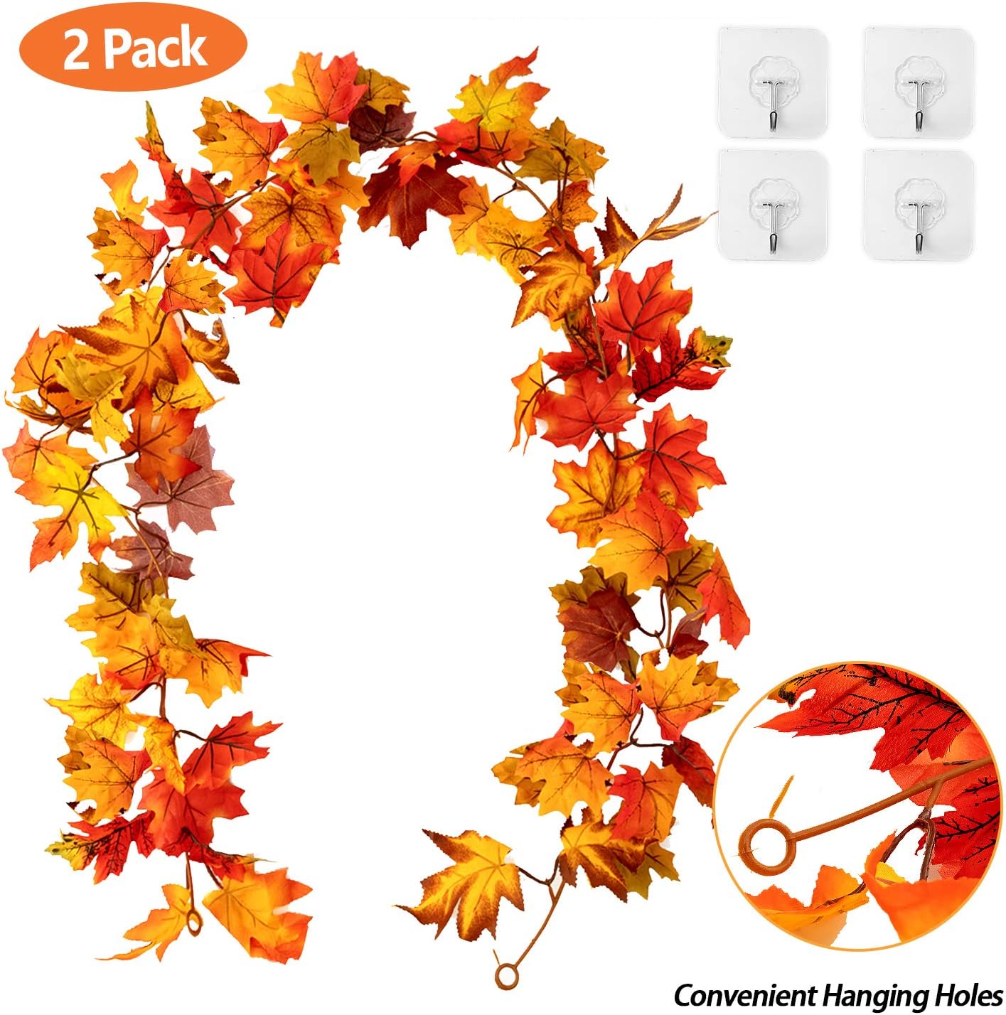 HBlife 2pcs Artificial Autumn Fall Maple Leaves Garland Hanging Plant for Home Garden Wall Doorway Backdrop Fireplace Decoration - Image 3