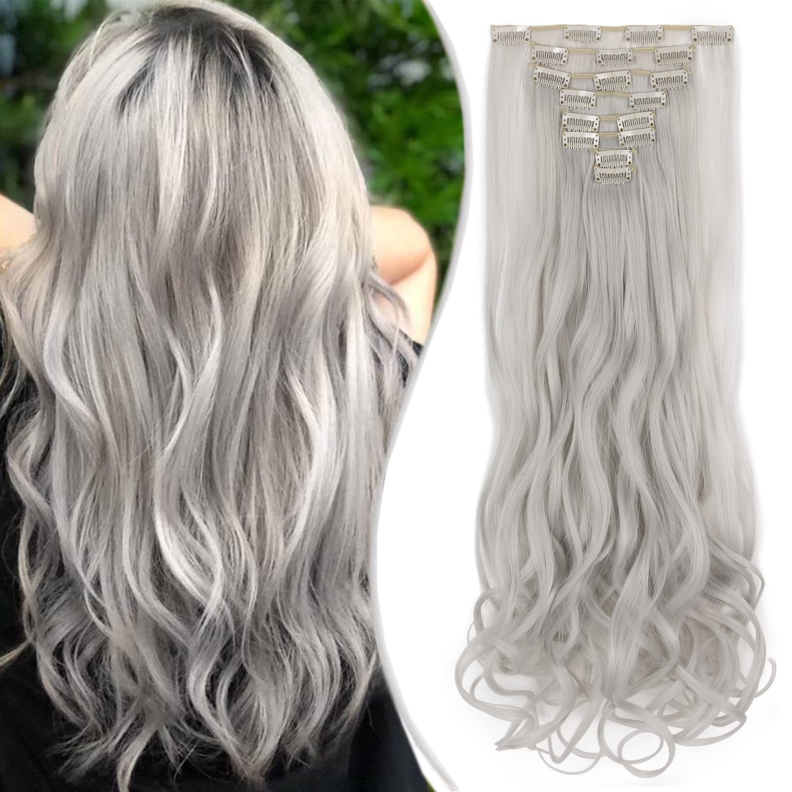 Curly Wavy Clip In Hair Extension Synthetic Matte Material 8 Pieces Clip In Hairpieces Fibre Set 24 Inch/60cm, 140g, Silver Grey