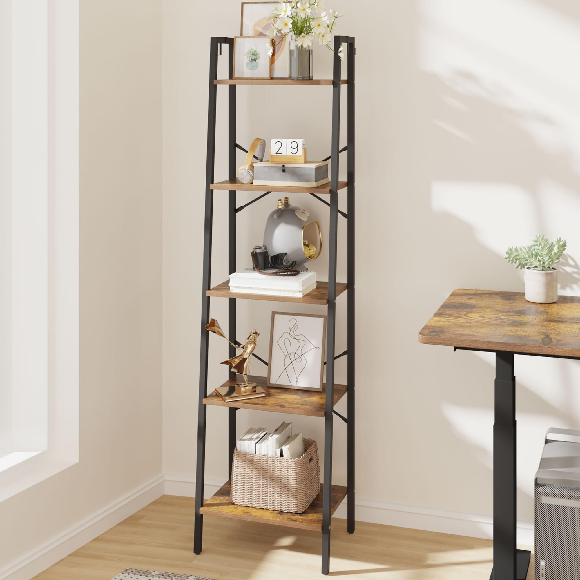 Photo 1 of Hzuaneri Ladder Shelf, Bookshelf Bookcase, Freestanding Corner Storage Shelve with 2 Hooks for Home Office, Living Room, Kitchen, Bedroom, Industrial, 5-Tier Rustic Brown BC19201B