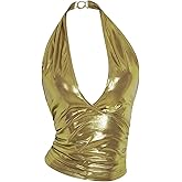 RoseSeek Women's Backless Halter Top V Neck Sleeveless Wrap Top Crop Tops Y2k Disco Outfit