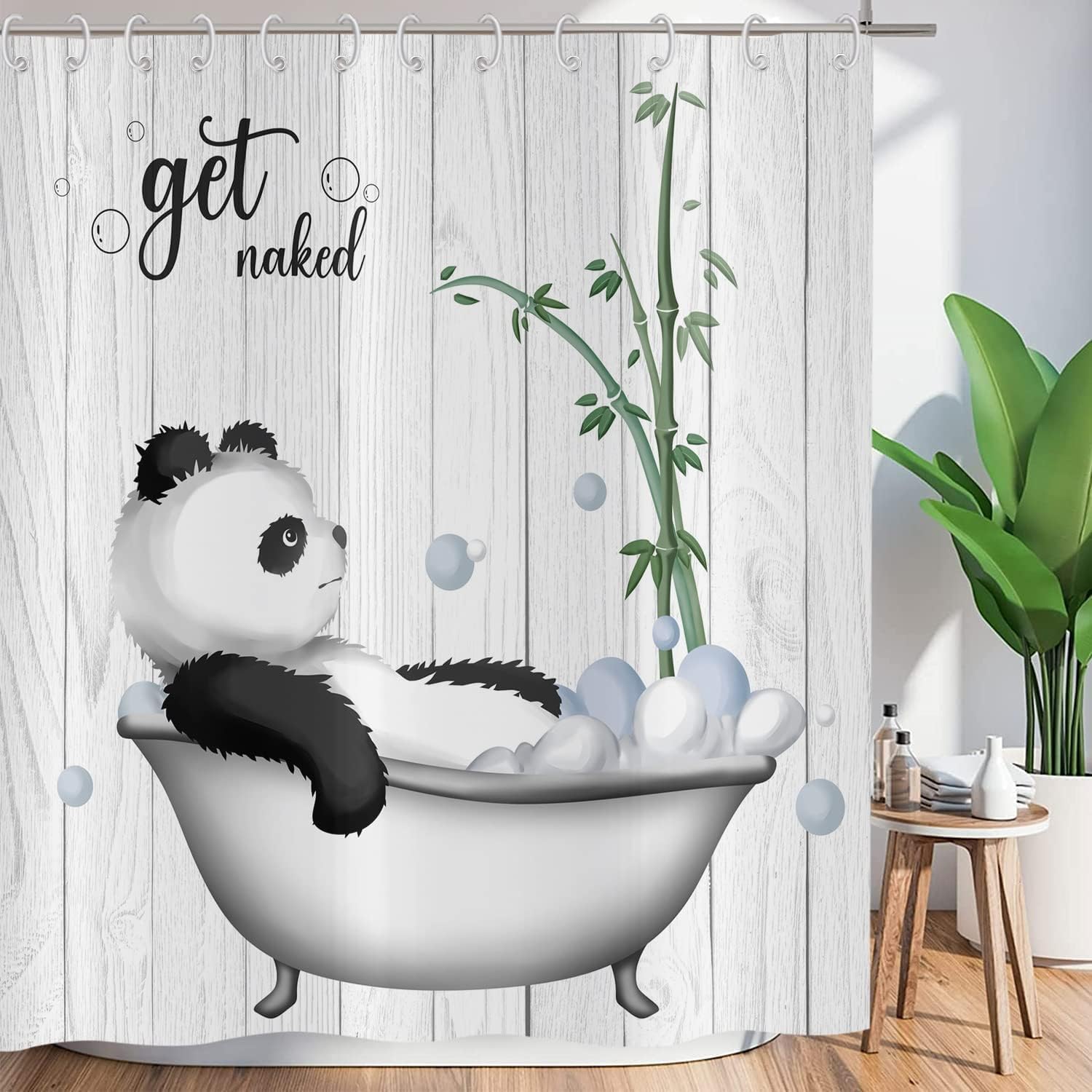 ASDCXZ Funny Shower Curtain 180x180 cm, Waterproof Fabric Shower Curtains, Retro Wood Grain Funny Cute Panda In The Bathtub Bamboo White Outdoor Washable Polyester Bathroom Curtain with 12 Hooks