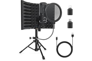 SWAYKTECH Studio Recording Microphone Isolation Shield with Pop Filter and Metal Tripod Stand, Studio Mic to PC Laptop Smartphone, Music Microphone for Recording Singing Podcasting