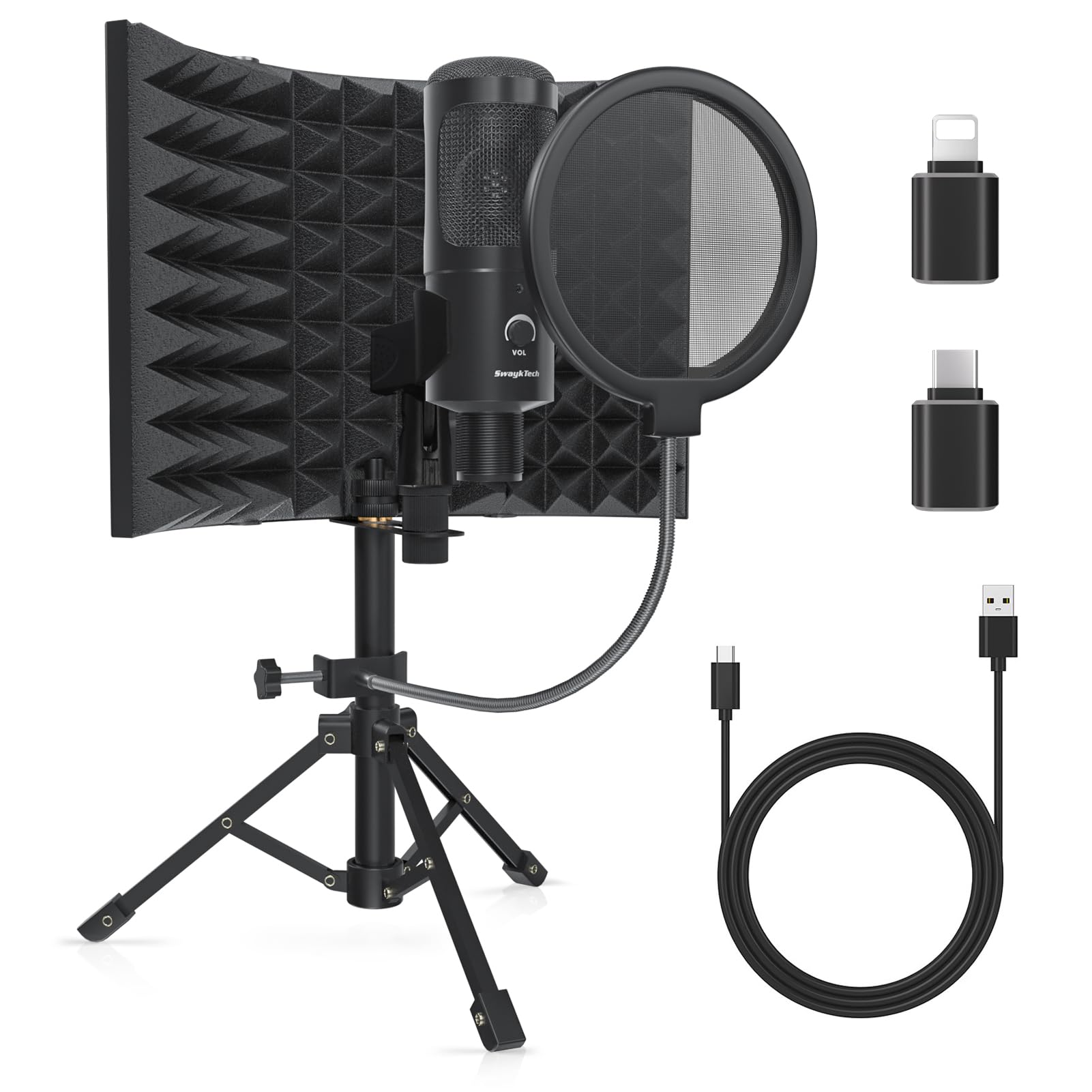 SwaykTech Studio Recording Microphone Isolation Shield With Pop Filter and Metal Tripod Stand for PC, Laptop, Smartphone - For Music and Studio