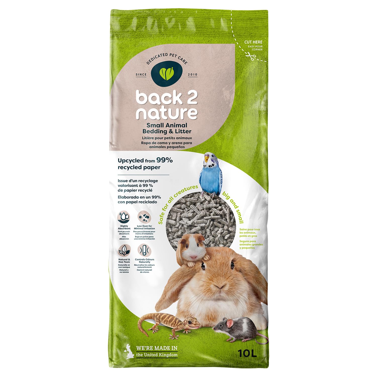 Back 2 Nature Bedding and Litter, (10l) Highly Absorbent 99% Recycled Paper Litter for Small Pets, Dry & Fresh Smelling Rabbit, Bird, Ferret and Hamster Cage, Soft, Safe & Compostable Hamster Bedding
