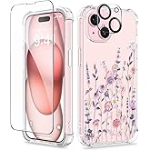 GVIEWIN for iPhone 15 Case, [3 in 1] with Screen Protector & Camera Lens Protector, Clear Soft Shockproof Slim Fit Floral Phone Cover for Women Girls 2023 6.1