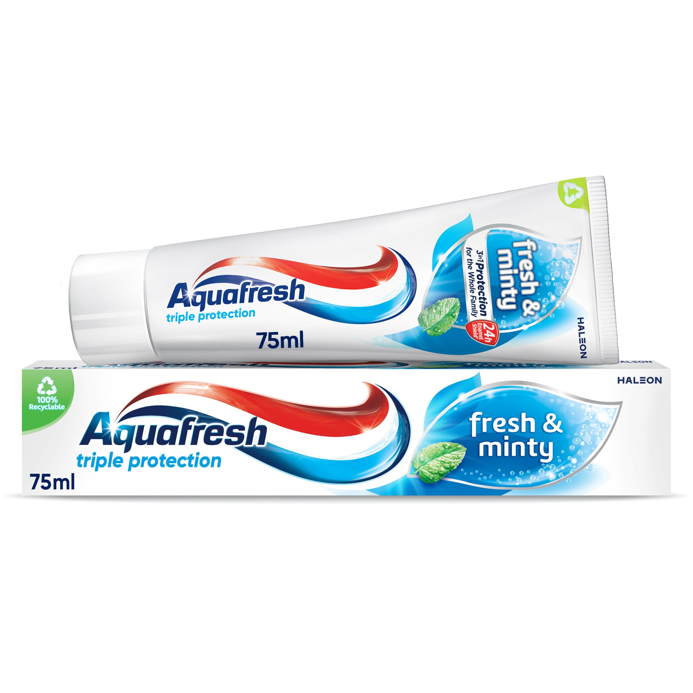 Aquafresh Fresh and Minty Fluoride Toothpaste, Triple Protection, Rebuilds enamel Strength, Helps protect gums* and Refreshes breath, 75ml