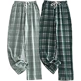 STMAHER 2 Pack Men's Cotton Pajama Bottoms Lightweight Sleep Lounge Pants Plaid Sleepwear Long Pj Pants With Pocket