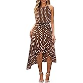ECOWISH Polka Dot Women Summer Dress Midi A Line Ruffle High Low Sleeveless Boho Floral Halterneck Cocktail Tie Knot Sundress