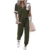 MASCOMODA 2 Piece Outfits for Women 2026 Summer Casual Quarter Zip Short Sleeve Tops Long Pants Tracksuit Jogger Lounge Sets