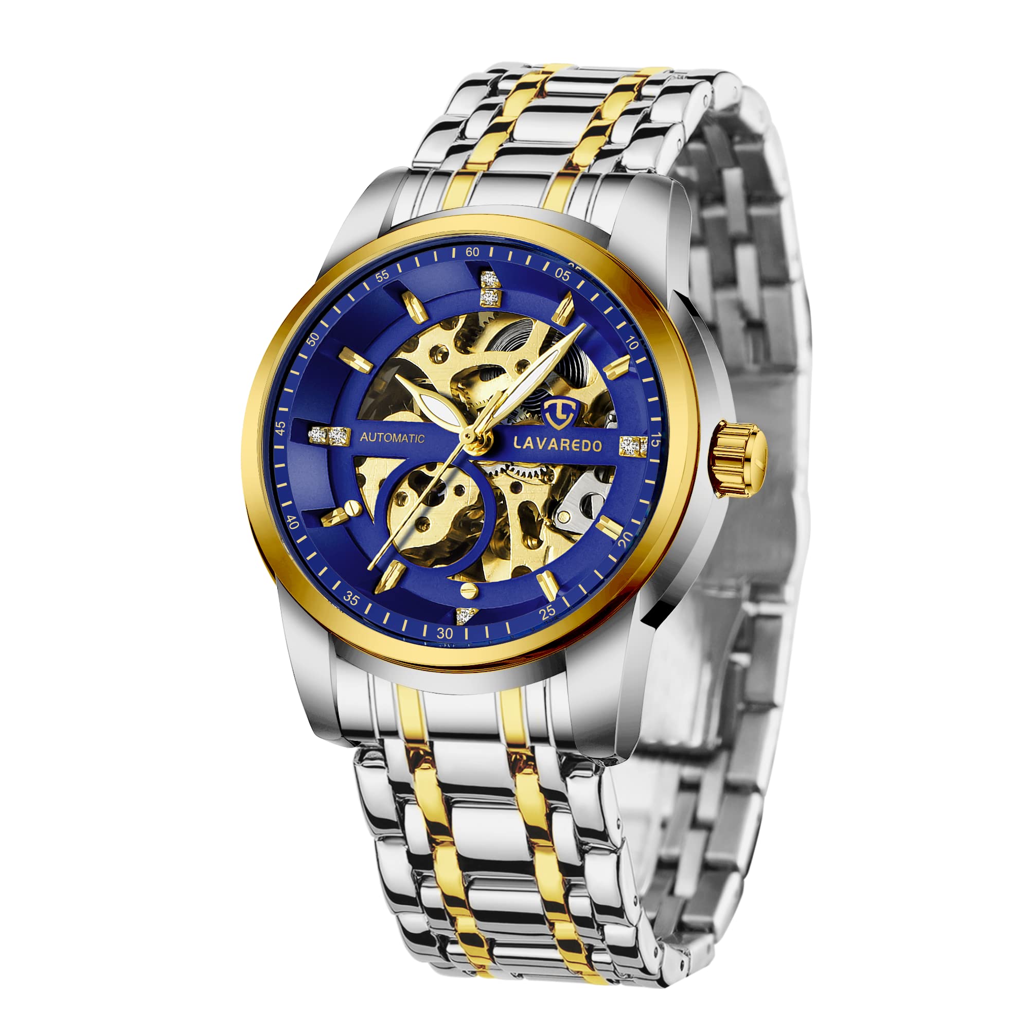 Photo 1 of Mens Watch Skeleton Luxury Mechanical Stainless Steel Waterproof Black Automatic Self-Winding Roman Numerals Diamond Dial Wrist Watch