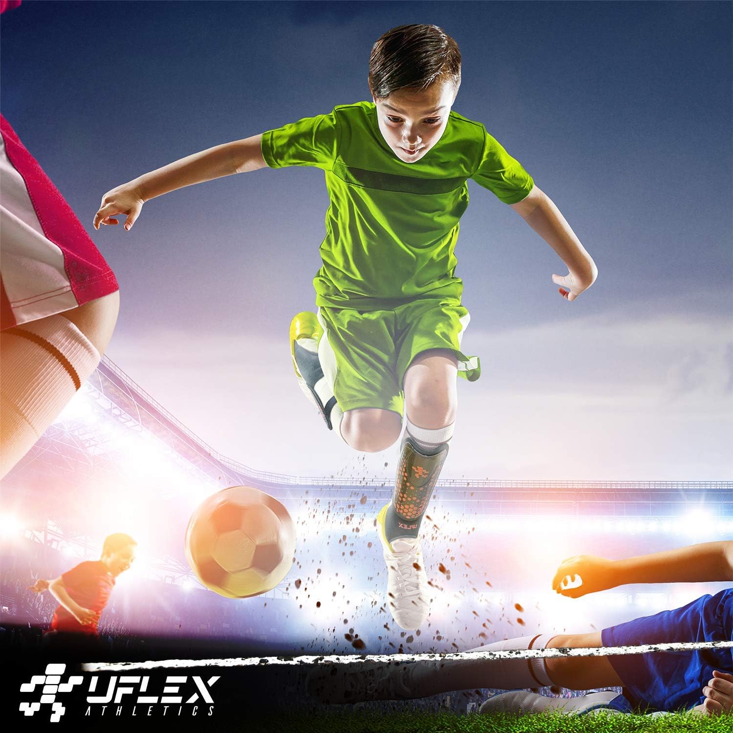 UFlex Athletics Slip and Slide Shin Guards for Kids and Teens - Protective Soccer Gear for Boys and Girls with Padded Ankle Support - Non Slip Adjustable Straps : Sports & Outdoors